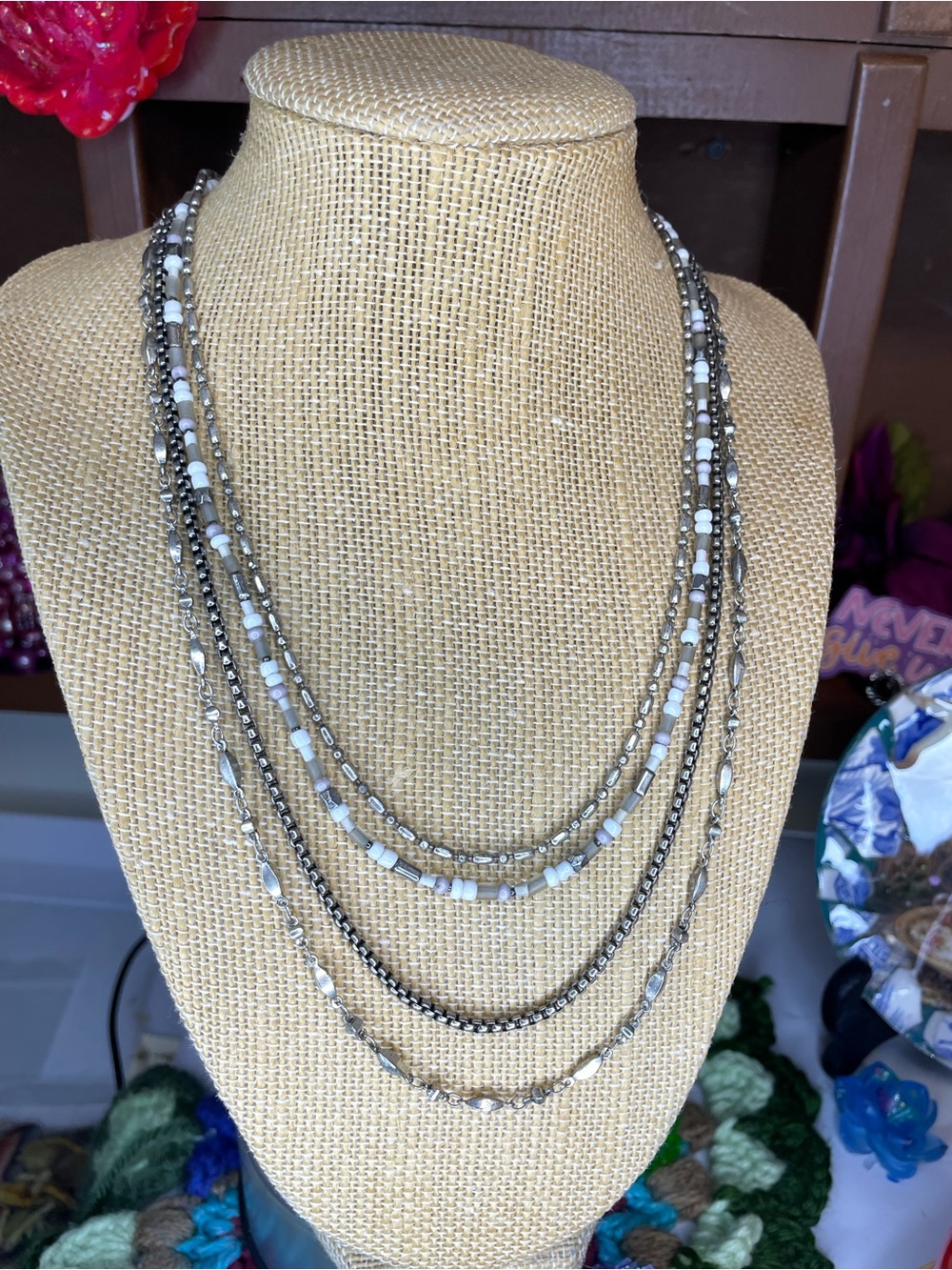 Multi-Strand Silver and White Beaded Women's Necklace